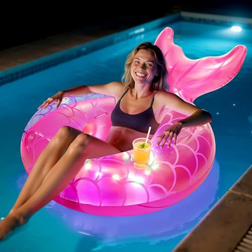 MoKo Schwimmring mit Lichtern für Erwachsene, Aufblasbar Schwimmreifen mit Becherhaltern und Griffen, Schwimmer in Form eines Meerjungfrauenschwanzes mit LED-Beleuchtung, Partydekoration, Rosa