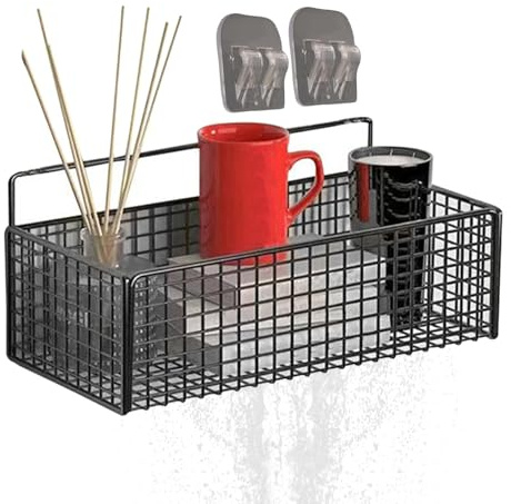 Wall Adhesive Shelf for Shower and Kitchen, No-Drill Mounted Storage Basket Organizer, Adhesive Wall Rack for Bathroom Accessories and Supplies, Strong Stick Bathroom Organizer with Large Capacity