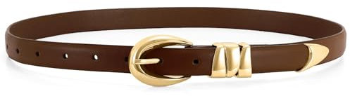 JasGood Damen Ledergürtel Mode Goldschnalle Schmaler Gürtel Damen für Jeans Hosen Kleider Damengürtel,Kaffee,120cm