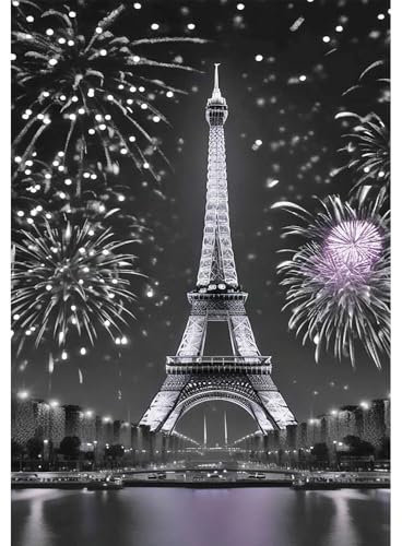 DCIDBEI 5D DIY Diamond Diamond Painting Eiffelturm Feuerwerk 40x50cm Strass Stickerei Erwachsene ästhetik Eiffelturm Kreuzstich Anfänger Diamant Eiffel Tower Bild Schwarz Weiß Landschaft Paris