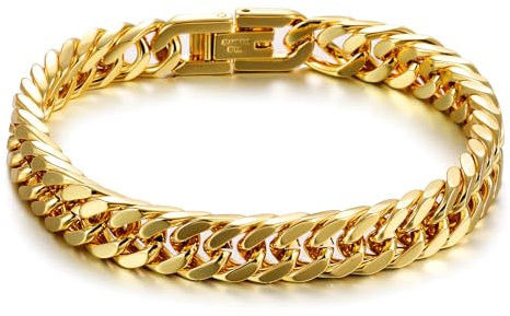 RWQIAN Armband Herren 14K Gold Vergoldet Edelstahl Panzerkette Armbänder 8mm Männer Kubanische Armband 22cm Gliederarmband Geschenke für Papa Sohn Bruder Ehemann