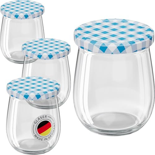 WELLGRO 6x Einmachgläser mit Schraubdeckel - 417ml - Deckel To 82 blau kariert - Made in Germany - Vorratsgläser mit Deckel, Gärglas, Dessertgläser
