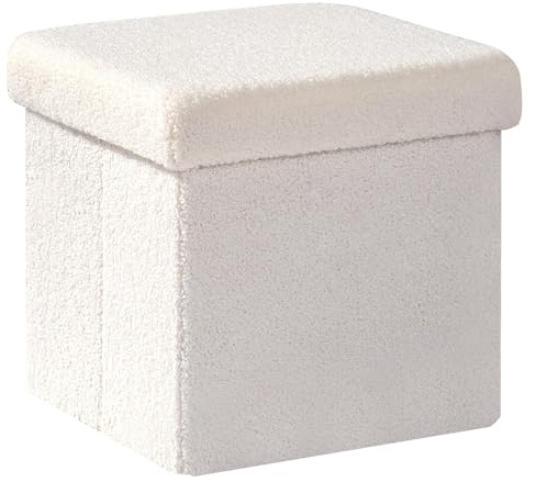 PINPLUS Faltbarer Bouclé Hocker mit Stauraum – gepolsterter Sitzwürfel als Aufbewahrungsbox & Fußhocker für Wohnzimmer, Schlafzimmer, Flur, 32x32x32 cm, Cremeweiß