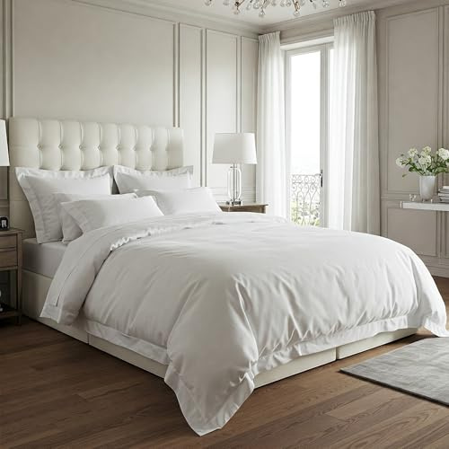 Whites of London 100 % Bio-Baumwoll-Perkal-Bettwäsche-Set, luxuriöse Fadenzahl 200, atmungsaktiv und knackig, handgeführter bestickter Flansch, 1 Bettbezug und 2 Oxford-Kissenbezüge (Doppelbett, Weiß)