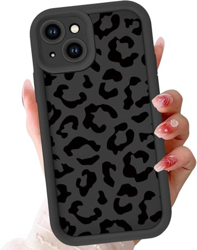 Phoona Leopard Print Case for iPhone 13 6.1,Cute Aesthetic Design Silicone Soft cheetah print Pattern Phone Cover for Girls, Preppy Shockproof Protective Case for Women, Black Leopard