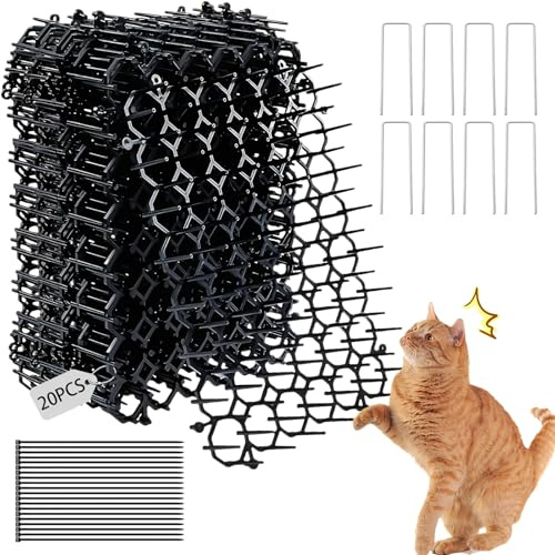 20Pcs 15x20cm Cat Deterrents for Gardens Uk, Anti Cat Spikes, Cats Deterrent, Prickle Strip Dig Stopper Mats 20 U-Shaped Pegs+20 Cable Ties, Cats Spikes for Fence Tops for Garden, Indoor and Outdoor
