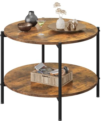 WLIVE Runder Couchtisch Weiß, Wohnzimmertisch Holz mit 2 Ebenen, Sofatisch mit viel Stauraum, für Wohnzimmer, Schlafzimmer, Modern Design (Couchtisch Rund, Braun)