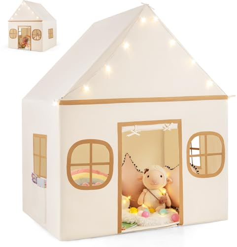 HOMASIS Kinderzelt Indoor, Kinder Spielhaus aus Baumwolle, Spielzelt mit Sternenlichtern & gepolsterter Matte & 4 Fenstern & Vorhang, Prinzessin Zelt für Jungen & Mädchen ab 3 Jahren (Beige+Schwarz)