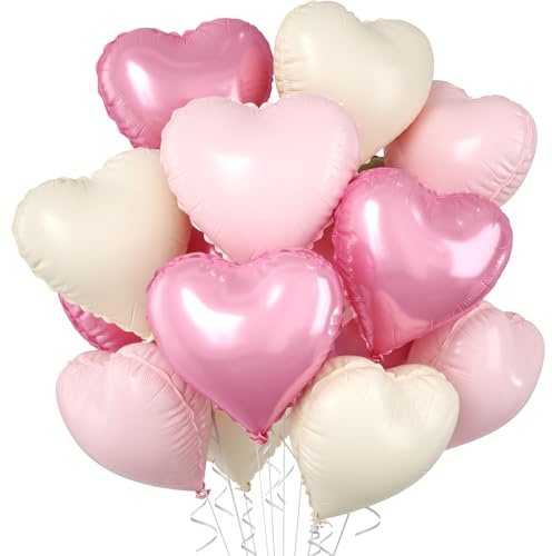 Pink Heart Balloons, 10 Pcs Pastel Light Baby Pink White Foil Heart Shaped Balloon, 18 Inch Cream Sand White Balloons Helium for Engagement, Brithday, Baby Shower, Wedding, Valentines Party Decoration