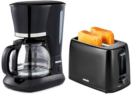 GEEPAS 1.5L Filter Coffee Machine & 2 Slice Toaster Kitchen Combo Set Black