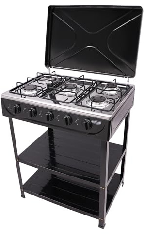 5 Fuochi Fornello a Gas, Carrello Griglia con Coperchio, Fornello a Gas da Appoggio, Fornello a Gas Naturale da Campeggio, per Campeggio, Outdoor, Camper, 61,5x42,5x82 cm (Nero)