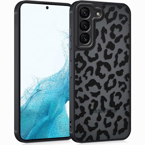 Coqinen Handyhülle für Samsung Galaxy S22 Hülle, Matt Transluzente Case mit Stilvolle Leopard Muster, Silikon Aesthetic Schutzhülle mit Kratzfeste PC Rückseite + Stoßfest TPU Bumper - Schwarz