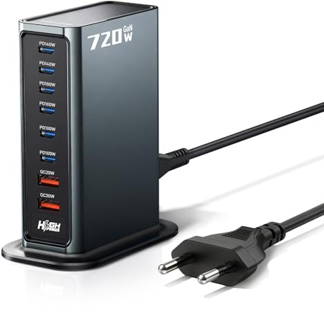 Rocoren USB C Ladegerät Mehrfach, 8 Ports PD 140W Schnellladegerät Charging Ladestation mit 4 USB-C und 2 USB-A, GaN USB Netzteil für Laptop, MacBook, iPad, iPhone, Samsung und mehr - Schwarz
