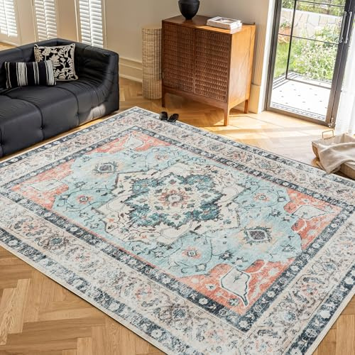 CHOSHOME Waschbarer Kurzflor Teppich Wohnzimmer - 160x230CM Orange-grün | Fußbodenheizung Geeignet, Rutschfeste Boho Teppiche Für Esszimmer Schlafzimmer Büro, Kurzflor Weich Maschinenwaschbar Rugs