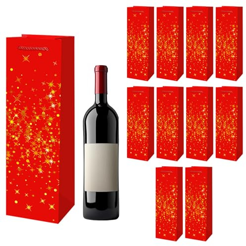 Lot de 10 sacs pour bouteilles de vin de Noël en papier kraft - Sacs de transport de qualité supérieure pour emballer des cadeaux de vin, bouteilles de whisky, pour les fêtes de Noël,Rouge