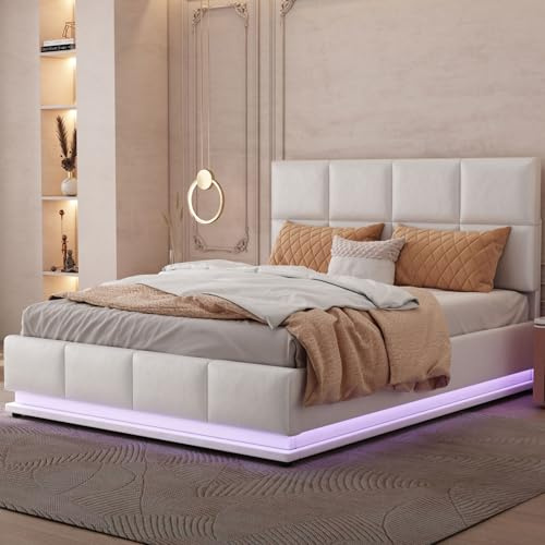 GQTYBZ Polster Bett 140x200cm, Doppelbett Erwachsenen, Hydraulisch Stauraumbett, Bett Mit Led Beleuchtung, Polsterbett Mit Lattenrost, Weiß Bezug Aus Kunstleder, für Schlafzimmer