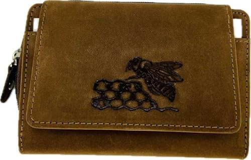 4Bee Damen Ledergeldbörse Mit Geprägter Biene – Braun – Hochwertiges Rindsleder – Viele Fächer – Elegantes Design – Kompakt Und Funktional
