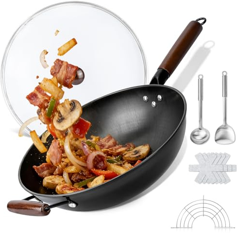 Colourcoco 12.99 Carbon Steel Wok - Nonstick Stir-Fry Pan with Lid, Professional Chef Cookware for Fast & Uniform Heat Conduction, Flat Bottom Stainless Steel Wok