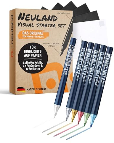 Neuland Metallic Visual Starter Set I Nachfüllbare Marker Inkl. Postkartenset in Schwarz I 5 FineOne Metallic + 1 FineOne Cover I 1 mm Rundspitze & verschiedene Farben
