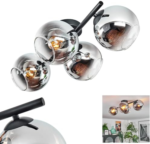 HOFSTEIN Deckenleuchte Koyoto, 4-flammige Deckenlampe aus Metall/Glas in Schwarz/Chrom/Rauch/Klar, moderne Leuchte im Retro/Vintage-Design (Schirme Ø 15 cm), E14, Esszimmer, Küche, Wohnzimmer