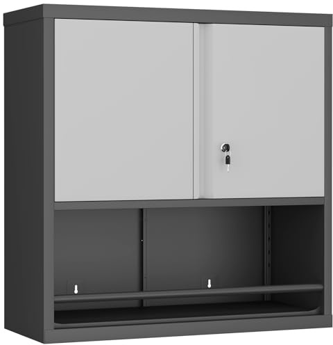 GREATMEET Abschließbarer Metall-Garagen Wandschrank, Hängeschrank zur Wandmontage, 79 cm Stabiler Werkzeug- & Aufbewahrungsschrank für Garage & Werkstatt, Schwarz-Grau