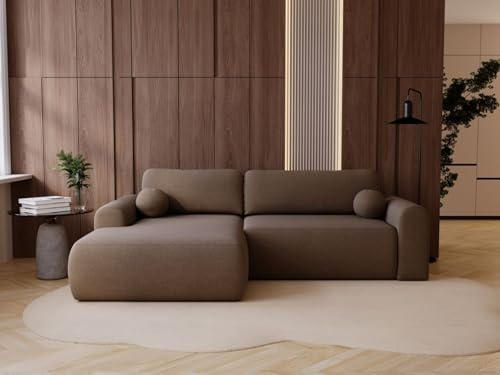 GRAINGOLD Savana L 257x177 cm, L-Form Sofa, Schlafcouch für Wohnzimmer, Bouclé-Stoff, 3-Sitzer Eckcouch, Ecksofa mit Bettkasten (Braun, Links)