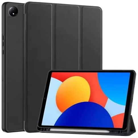 Techsuit für Xiaomi Redmi Pad SE 4G 8.7 Hülle mit Stifthalter, Dreifach Faltbarer Ständer, Schlankes Design, Anti Fingerabdruck, Präzise Aussparungen, Flex Trifold Series, Schwarz