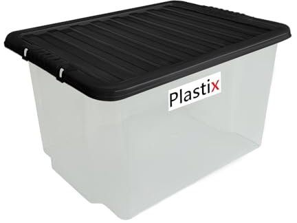 Plastix 30L 30 LITRE Clear Plastic Storage Box With Black Lid Home Office Stackable UK Made