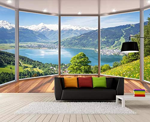 Carta Da Parati Adesiva Muro 3D Parete del fondo di paesaggio del paesaggio della finestra del balcone Fotomurali 3D Photo Wallpaper Moderna Murale