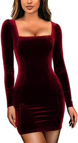 GOBLES Women's Sexy Velvet Long Sleeve Square Neck Bodycon Cocktail Party Mini Dress WineRed