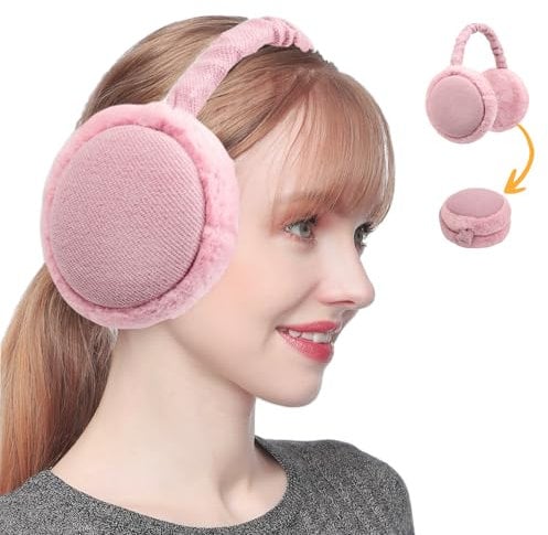 Zeltauto Women’s Winter Earmuffs Adjustable Foldable Faux Fur Plush Ear Warmer Full Ear Surrounded (Pink)