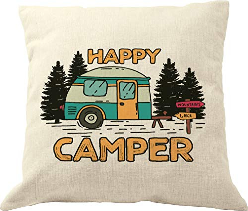 DrupsCo Happy Camper Kissen – 18 x 18 cm Camping Deko Kissenbezug – Camper Dekor für Reiseanhänger