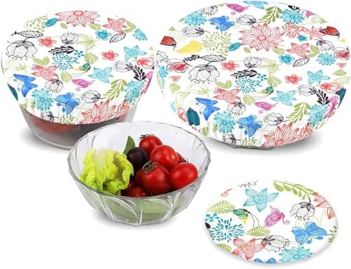 PHOGARY 3 STK Abdeckhauben für Lebensmittel Wiederverwendbare, aus Stoff, Topfhauben mit Gummizug, Dehnbare Deckel Wasserdichtes Gewebe dehnte Abdeckungen für Glassalat-Schüssel, Topf (Floral A)