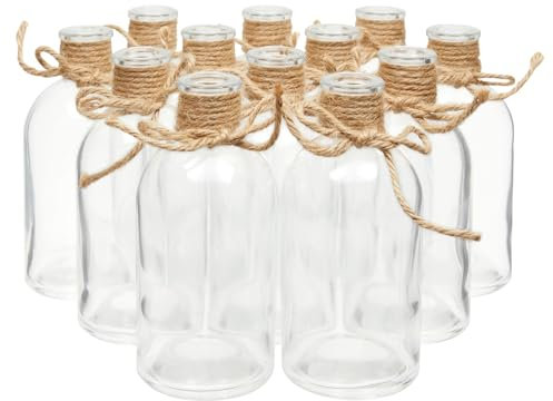 Small Glass Bottle Vases, 12 Count of Glass Clear Vases with Decorative Rope Design in Vintage Style, 13 x 6 cm Each