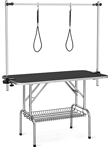 Yaheetech Table de Toilettage pour Chien/Chat/Animaux Réglable 118 x 60 x 177 cm avec Panier de Rangement en Maille Grande Surface Antidérapante et Double Sangle Table Pliante
