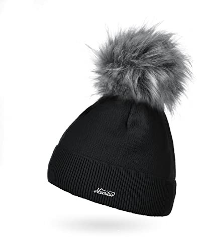 Neverless® Damen Mütze gefüttert Fell-Bommel Kunstfell Wollmütze Wintermütze Bommelmütze Feinstrick schwarz Unisize