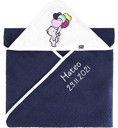 Be Mammy Kapuzenhandtuch Babyhandtuch aus Baumwolle Bestickt mit Name und Geburtsdatum Oeko-Tex Standard 100 100cm x 100cm BE20-281-BBL (Dunkelblau - Bär)