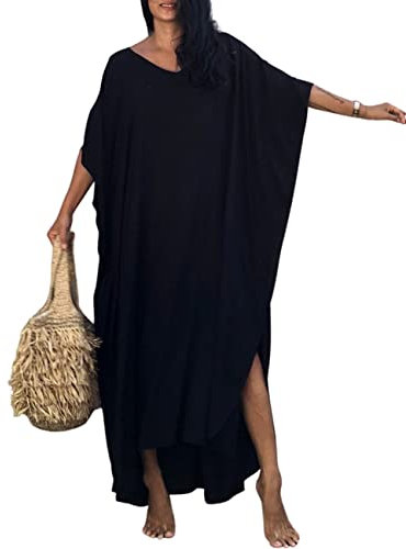 Bsubseach Donne Black Beach Kaftan Abiti Mezza Manica Plus Size Costume da Bagno Copricostume Abito Caftano