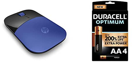 HP Z3700 - Souris sans Fil Bleue (USB, 1200 DPI, Ambidextre) + Duracell - Nouveau Piles alcalines AA Optimum, 1.5 V LR6 MX1500, Paquet de 4