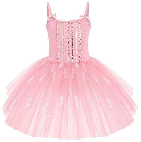 IWEMEK Ballettkleidung Ballettkleid Mädchen Ärmellos Spaghettiträger Pailletten Feder Balletttrikot Tütü Kleid Kinder Ballerina Tanzkleid Ballettanzug Tanzbody Tüllrock Gymnastikanzug Rosa 5-6 Jahre