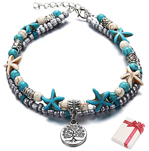 Ouceanwin Boho Türkis Fußkette Damen, Verstellbar Geschichtete Fußkettchen Lebensbaum Anhänger Mehrschichtige Knöchel Schmuck Charm Sandstrand Fußschmuck Boho für Frauen Mädchen