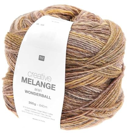 Rico Design Creative Melange Aran Wonderball oliv Mix Farbe 20, Farbverlaufswolle Nadelstärke 5 mm zum Stricken oder Häkeln, Wolle 200g Knäuel