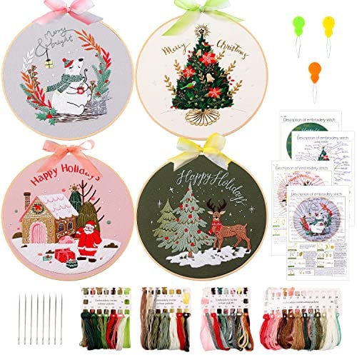 MAMUNU 4 Sets Christmas Embroidery Starter Kit with Pattern for Beginners, Embroidery Kits with Christmas Tree Elk Pattern,Cross Stitch Set with 4 Plastic Embroidery Hoops and Tools