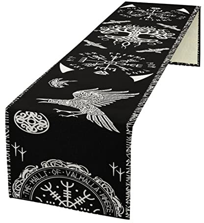 kikomia Baumwolle Leinen Tischläufer Rechteckige Wikinger Rabe Baum des Lebens Tischdecke für Hochzeit Urlaub Heimdekoration Wikinger Dekorativ Abdeckung Tischplatte (33×229cm, Black)