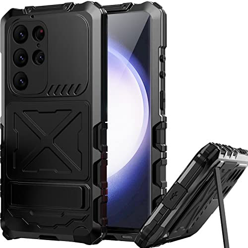 Miimall Coque Métal pour S23 Ultra Incassable, [Béquille] [Protection d'écran HD] 360° Antichoc Housse en Aluminium Robuste de Grade Militaire Protection pour Samsung Galaxy S23 Ultra (Noir)