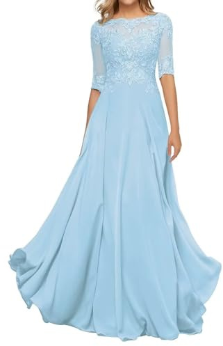 HYEC7 Women's Lace Appliques Mother of The Bride Dresses 3/4 Sleeve Long Formal Evening Dresses A Line Prom Dress Light Blue