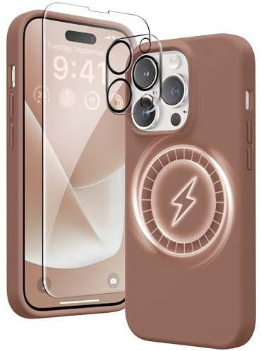GONEZ Magnetic for iPhone 14 Pro Max Case [3 in 1], Compatible with Magsafe, with 1X Screen Protector + 1X Camera Lens Protector, Liquid Silicone Shockproof 14 Pro Max Case, Brown