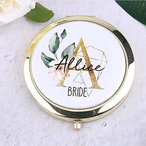 XEL Kundenspezifische Kompaktspiegel Brautjungfer Geschenk 70mm Tragbare Metall Doppelseitige Falten Mini Make-up Spiegel Benutzerdefinierte Gravur mit Namen Mini Taschenspiegel Personalisierte