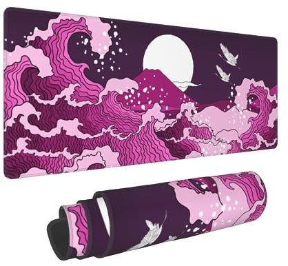 Tapis de souris de jeu japonais avec motif vague violette 80 x 30 cm XL style cool imprimé art grand tapis de souris pour ordinateur portable avec base en caoutchouc antidérapant avec bords cousus