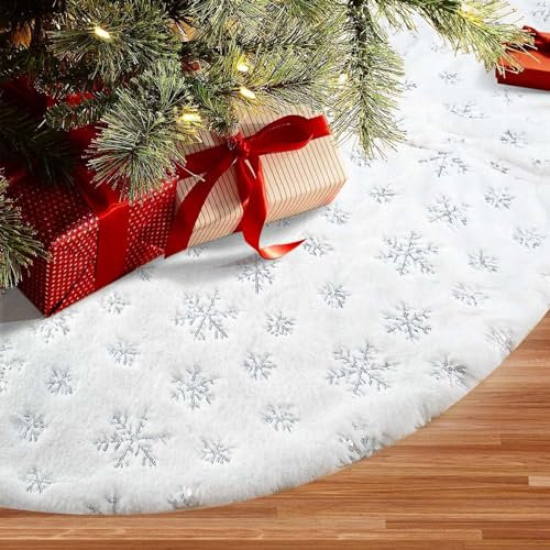 XiXiRan Decke Weihnachtsbaum Rock 90 cm Runde, Schneeflocke weiß Plüsch Weihnachtsbaum Decke, Decke Unterm Tannenbaum, Christbaum Teppich (Silberne Schneeflocke – 90 cm)